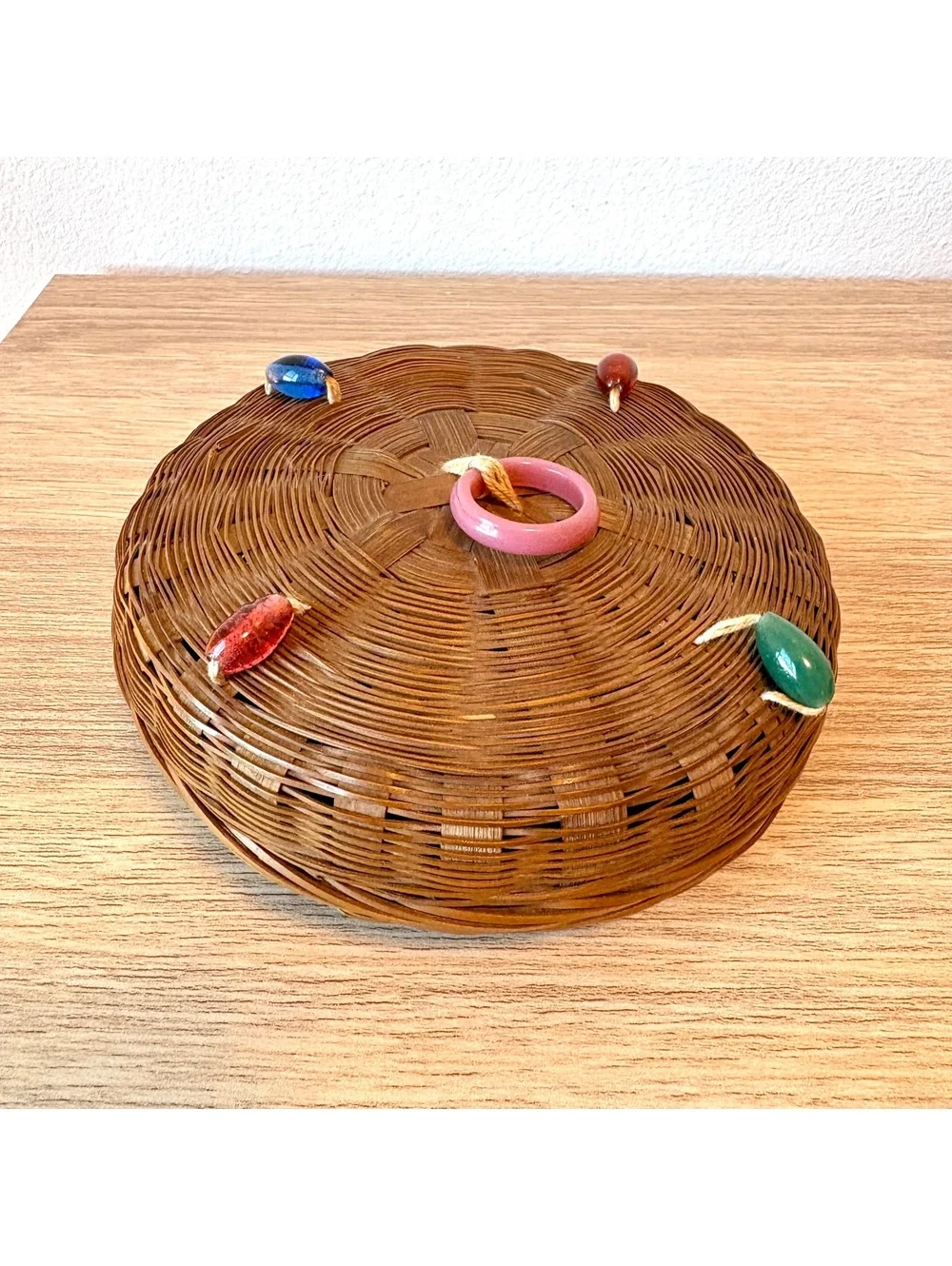 Woven Trinket Box Lidded Basket Colorful Bead Accents Boho Decor Rattan Bamboo
